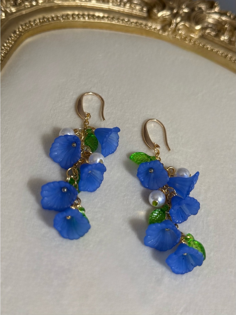 Handmade Gold-Tone Blue Calla Lilies Drop Earrings with Green Leaves and Pearls